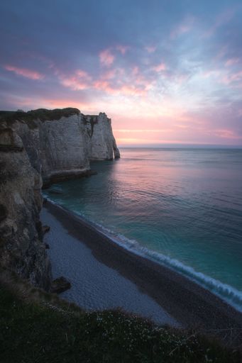 A sunset scene over The famous white cliffs of Etretat and the Alabaster Coast, Normandy, France