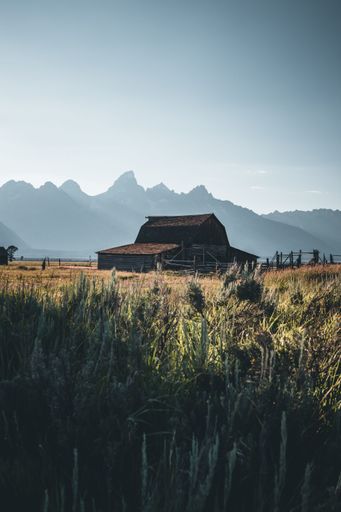 A vertical shot of a wooden cabin in the Mormon Row in Grand Teton National Park, United States