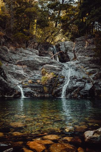 A vertical closeup shot of a small waterfall into a lake with a forest on top of it
