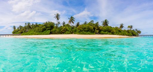 A beautiful view of an island with a thick forest from the water in the Maldives on a sunny day