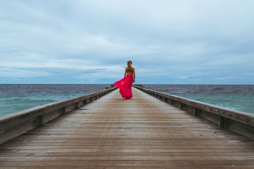 A back view of a female in a beautiful pink dress walking on a pier