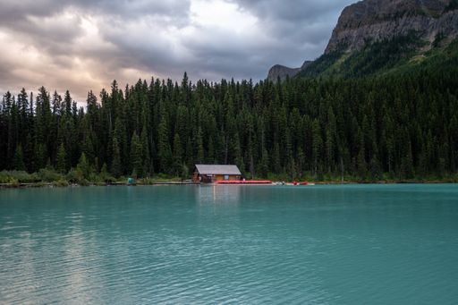 A scenic shot of the mountain and lake from Banff National Park in Alberta, Canada