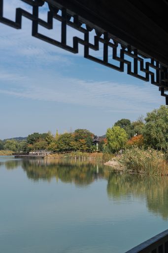 An aerial view lake surrounded by dense trees and buildings in Yixing