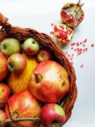 A top view of a basket of fruits isolated on a white background