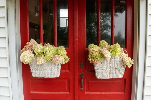 A closeup shot of beautiful flowers in the basket hanging on the red doors