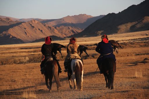 A landscape of a valley with a group of horseriders with birds against a background of mountains