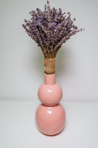 A closeup of a beautiful ceramic vase with dry wildflowers against the white wall