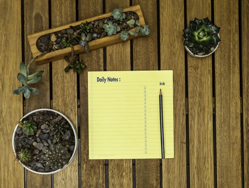 A flat lay shot of a to do the list and houseplants on a wooden table