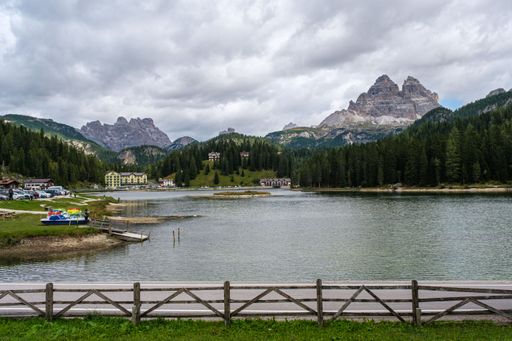 Great panoramic view at the Misurina lake near Cortina D'Ampezzo in the Dolomites mountains, South Tyrol, Italy