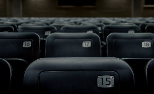 Rows of numbered theatre seats in a dark empty theater/auditorium.