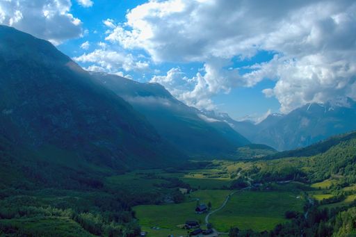 A valley leading into a fjord. Located close to Geiranger in western Norway.,
