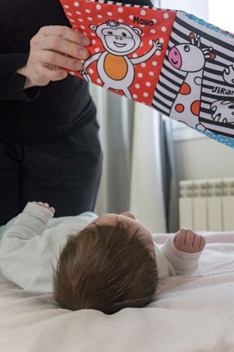 The motor skills and early stimulation class with baby and children's books in white, black, and red colors with contrast