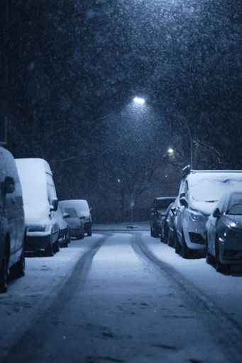 A straight road between parked cars at a snowing night