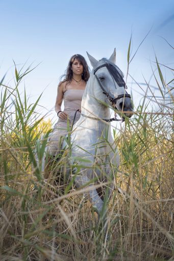 A vertical shot of an attractive female riding a horse through the field