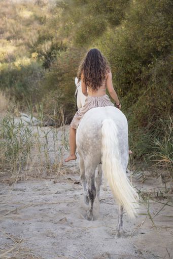 A vertical shot of an attractive female riding a horse through the field