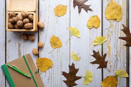 A wooden background with autumn leaves, notebook and walnuts - space for text