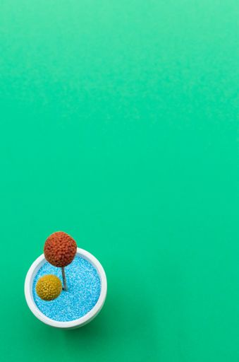 A vertical top view shot of an artificial flower on an isolated green background