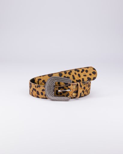 A vertical shot of a belt with a leopard print isolated on a white background