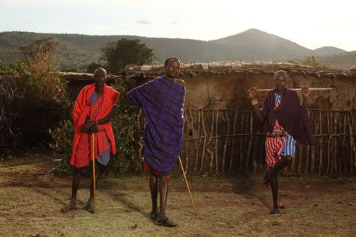 A shallow focus shot of three African males holding sticks while looking at the camera