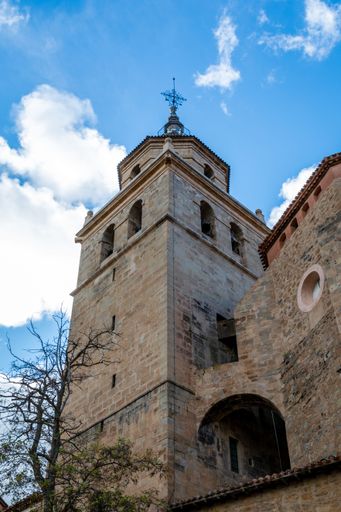 A low angle shot of the tower of Albarracin Cathedral in Teruel, Aragon, Spain