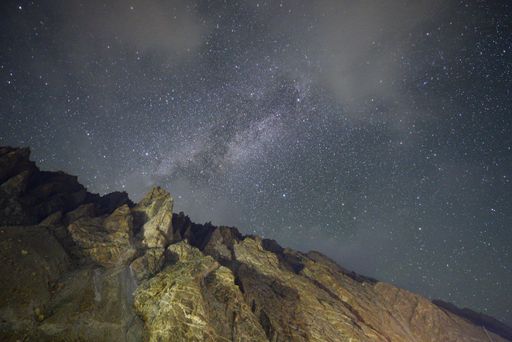 A low angle shot of a clear starry night with a milky way on top of coastal hills at Attabad lake