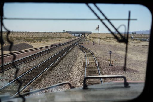 A train cab on the BNSF railway through the Mojave.