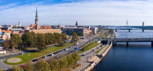 A beautiful panoramic shot of the St. Peters Cathedral during sunset in RIga, Latvia