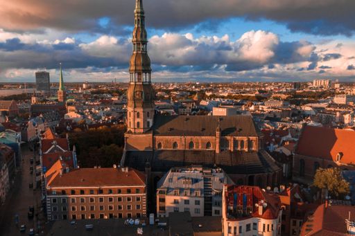 An aerial view of the sunset in the old town of Riga, Latvia