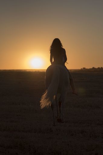 An attractive young Caucasian female with a beautiful dress riding a horse in the countryside at sunset