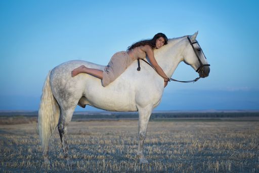An attractive young Caucasian female with a beautiful dress riding a horse in the countryside