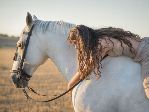 An attractive young Caucasian female with a beautiful dress hugging a horse in the countryside