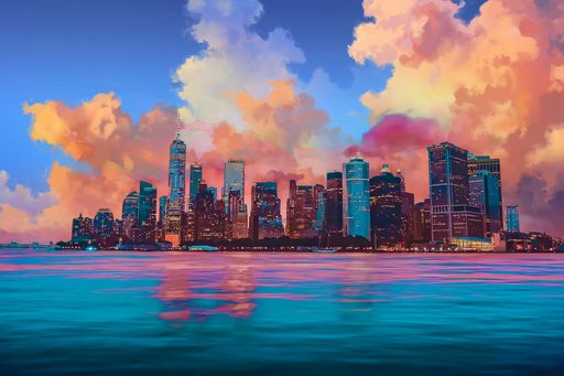 Skyline of Manhattan in New York, edited in Photoshop to look like a Japanese Anime, or a cartoon