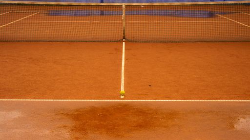 A small tennis ball in front of the net in the court