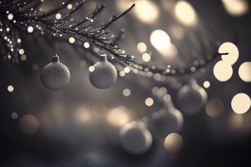 A closeup of silver Christmas Baubles hanging on a tree with bokeh lights