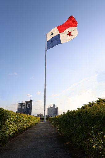 A vertical shot of the National flag of Panama with the skyline of Panama City in the background