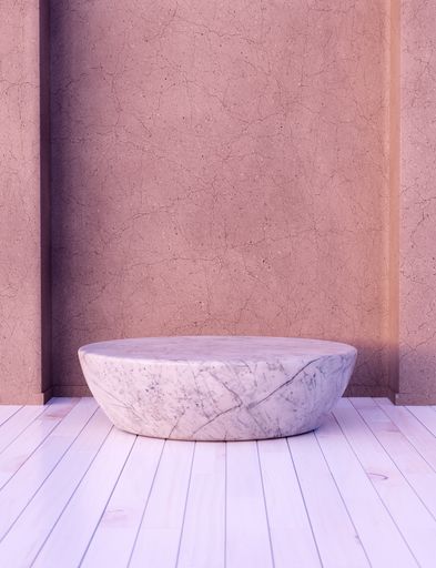 A 3D render of a marble podium on a white wooden floor and pink concrete wall
