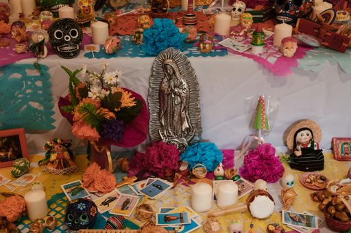 A high angle shot of day of the dead altar - perfect for Halloween