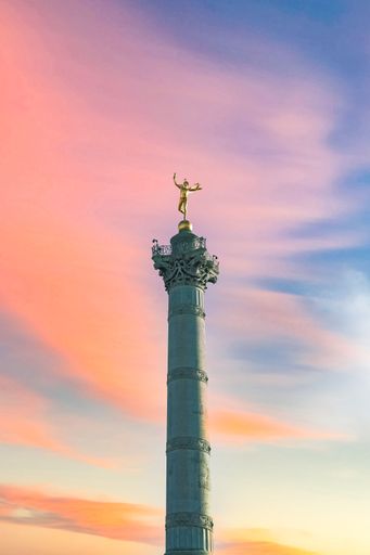 Paris, place de la Bastille, column with statue of the golden angel, sunset