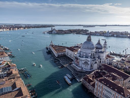 An aerial view of the Basilica di Santa Maria della Salute on a sunny morning