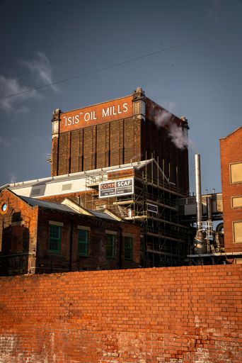 A view to the towers of the Isis oil mills chemical works in Wincolmlee, Hull.