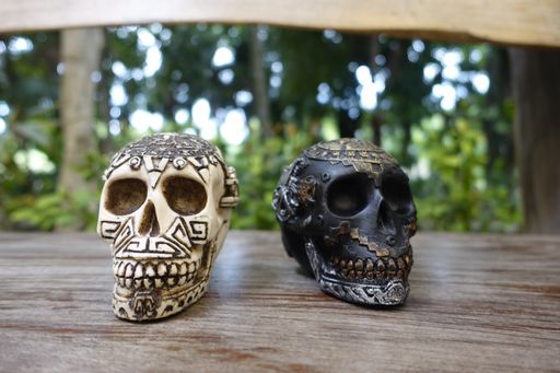A closeup of small decorated skulls on a wooden surface in a garden in Mexico