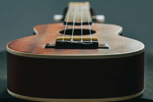A closeup shot of a wooden ukulele with strings