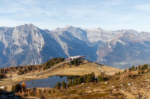 Lac de Tracouet with cable car station in Nendaz switzerland canton valais