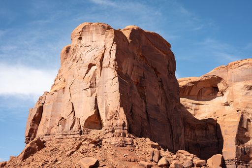 An aerial view of desert landscape with rock formations