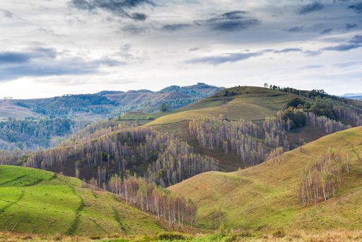 A scenic view of the Apuseni mountains under cloudy sky in Romania
