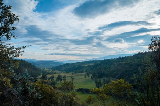 A beautiful view of a landscape surrounded by mountains gleaming under the cloudy sky