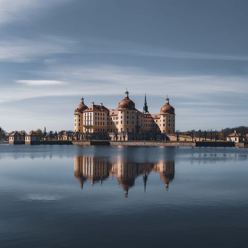 An aerial view of Moritzburg Castle surrounded by water