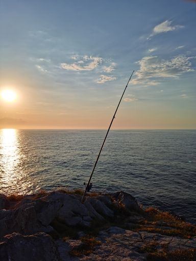 A vertical shot of a fishing rod left between two stones in a seashore at sunset