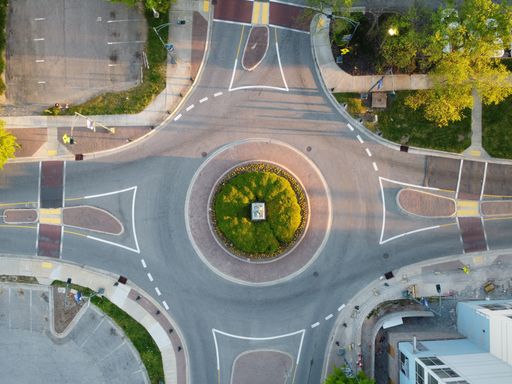 An aerial view over General Greene's statue and circle in Greensboro, NC