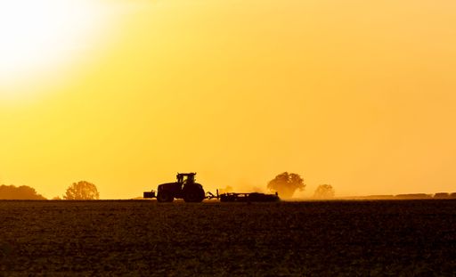 A tractor silhouette at sunset in a field , golden sky background
